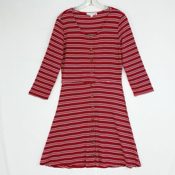 PINK Rose Size M Striped Knit Long Sleeve Button Front Shirt Dress Women’s - Picture 1 of 16